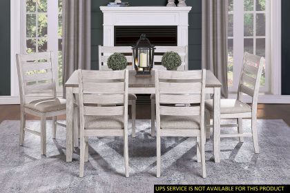 Grayish White and Brown Finish Casual Dining Room Furniture 7pc Dining Set Rectangular Wooden Table and 6x Side Chairs Fabric Upholstered Seat